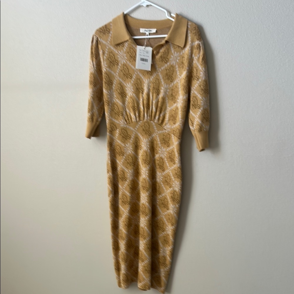 Tan Sheath Midi Dress with Notched Collar and Bishop Sleeves